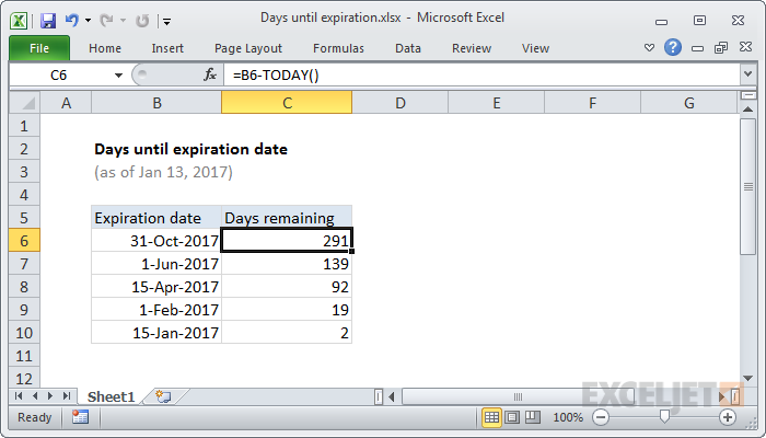 Days Until Expiration Date Excel Formula Exceljet